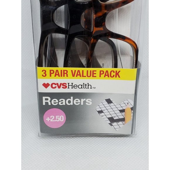 CVS Health 3 Pair Value Pack Readers +2.50 Brown Frame Reading Glasses - Picture 2 of 12